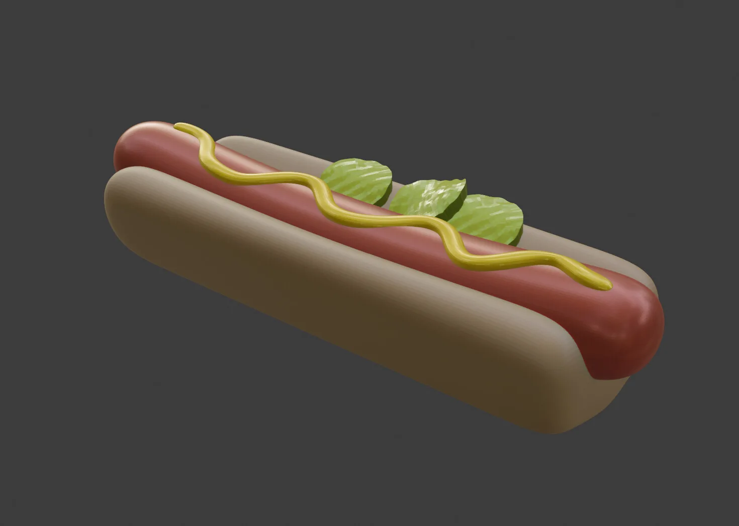 3D render of a hot dog with a wavy mustard line and three pickle slices.