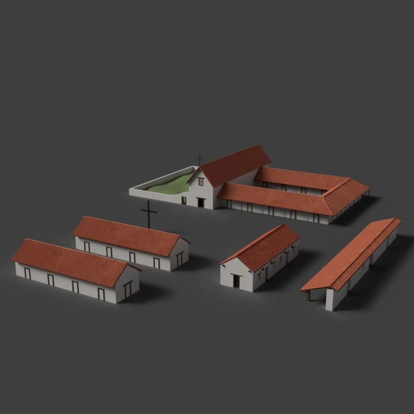 3D model of the Mission Santa Clara buildings, white walls under red tile roofs.