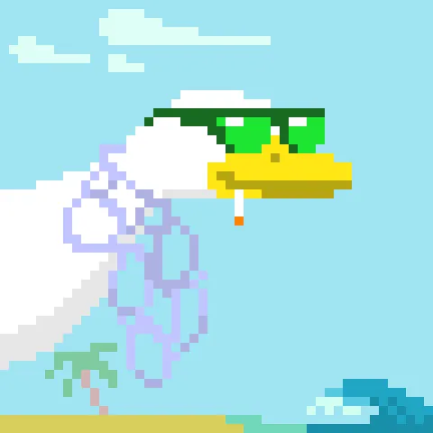 Pixel art of a duck wearing sunglasses against a beach and sky.