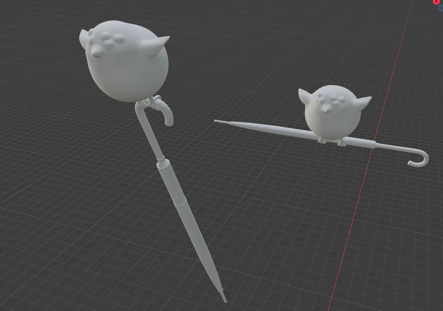 Two round 3D bird models perched on umbrella handles.